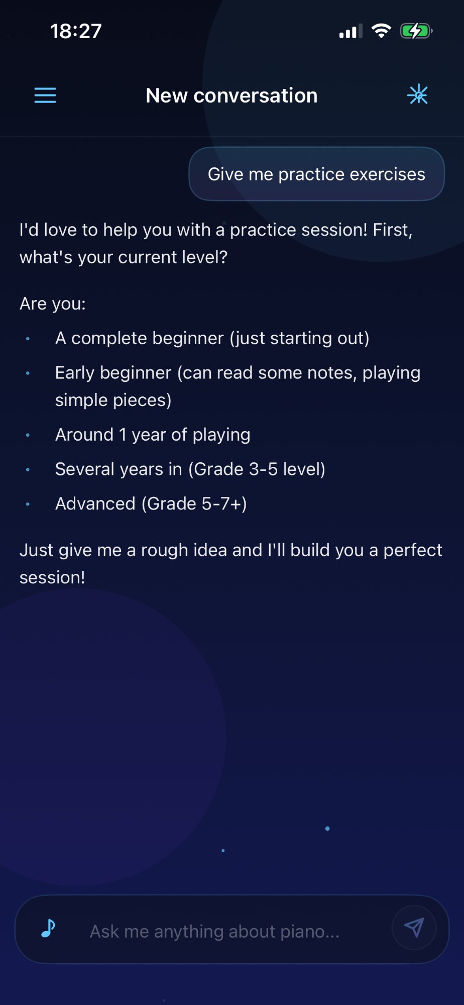 Piano AI practice exercises screen